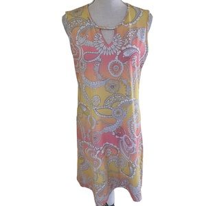 Isle Yellow/White/Coral Floral Print Sleeveless Lightweight Knit Shift Dresss